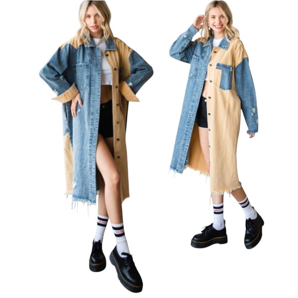 OLI & HALI Oversized Duster Dress Long Jacket Shacket Button Up Denim Patched M